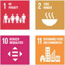 1. NO POVERTY, 2. ZERO HUNGER, 10. REDUCED INEQUALITIES, 11. SUSTAINABLE CITIES AND COMMUNITIES