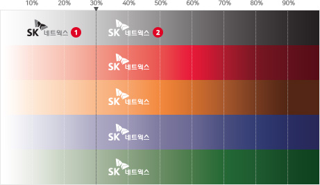 SK 네트웍스 로고 흑백표현 시 예시 이미지 - 로고는 명도 30% 이하일 시 black 1도로 30% 이상일 시 백색으로 사용합니다.