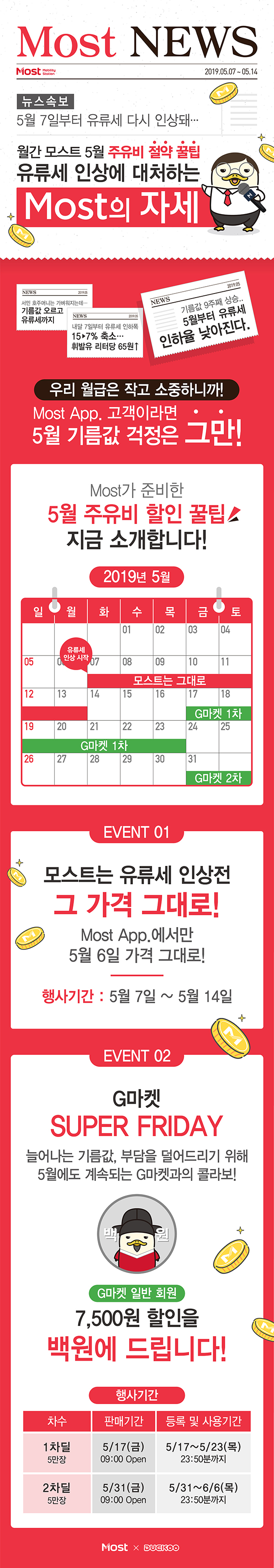 우리 월급은 작고 소중하니까 Most App. 고객이라면 5월 기름값 걱정은 그만 event1 모스트는 유류세 인상전 가격 그대로!  Most App.에서만 5월 6일 가격 그대로! 행사기간:5월7일~5월14일 event2 SUPER FRIDAY 늘어나는 기름값 부담을 덜어드리기 위해 5월에도 계속되는 G마켓과의 콜라보! g마켓 일반회원 7500원 할인을 백원에 드립니다! 행사기간: 1차 5만장 판매기간:5/17(금) 09:00 OPEN 등록 및 사용기간-5/17~5/23(목) 23:50분까지 2차 5만장 판매기간:5/31(금) 09:00 OPEN 등록 및 사용기간-5/31~6/6(목) 23:50분까지