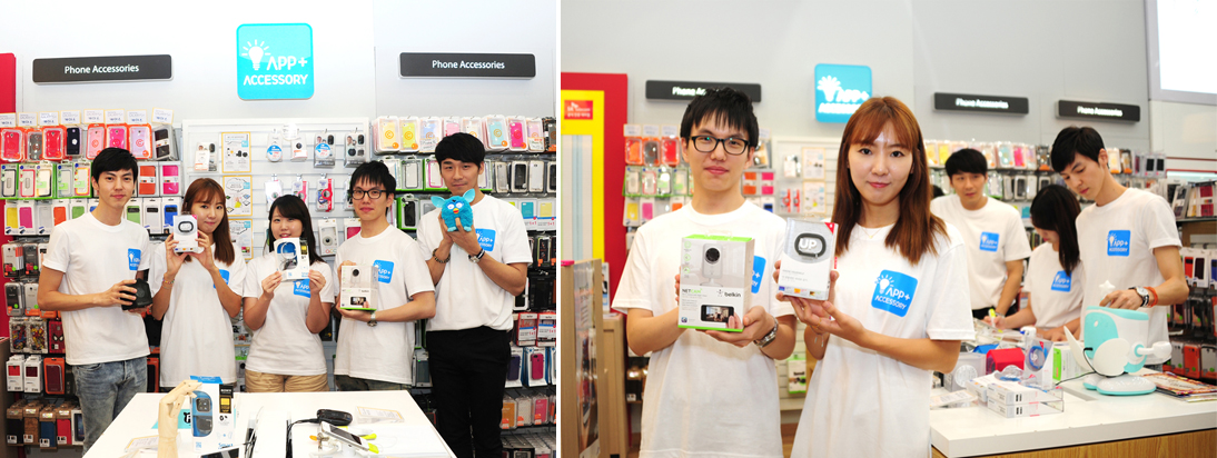 T월드&컨시어지 매장에서 1기 원정대원들이 자신이 사용할 제품들을 소개하는 모습