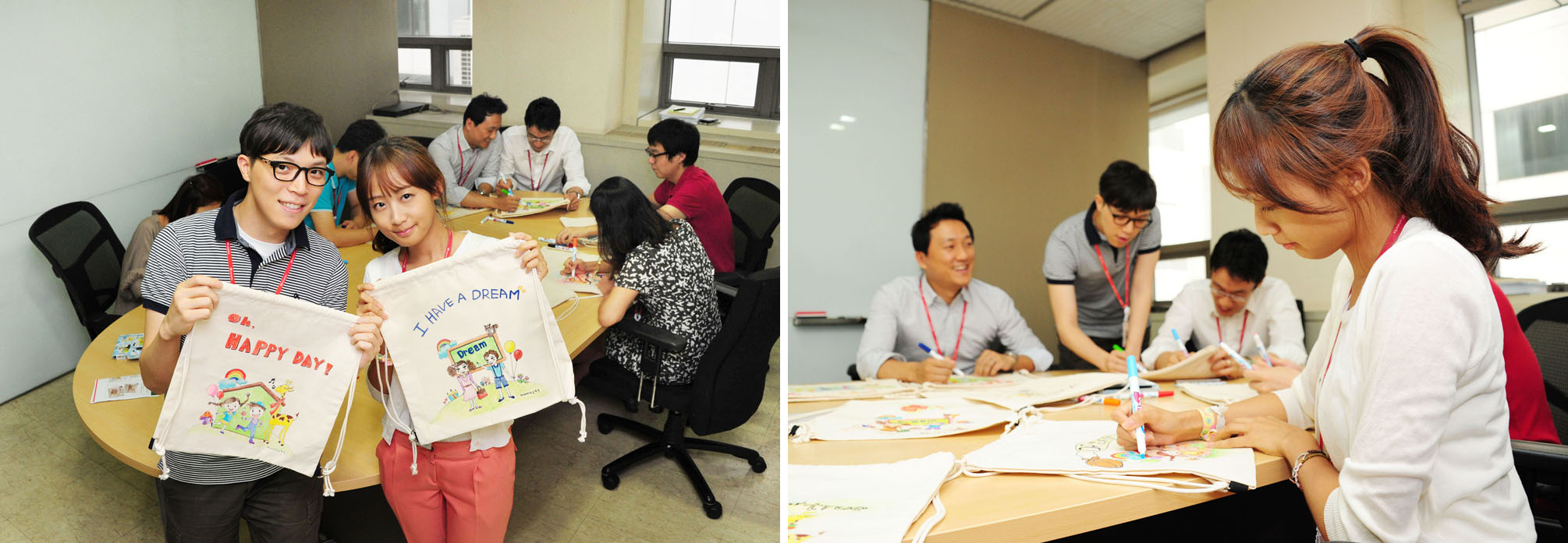 SK네트웍스 구성원들이 학용품 꾸러미를 담는 드림 주머니에 색칠하고 있는 모습